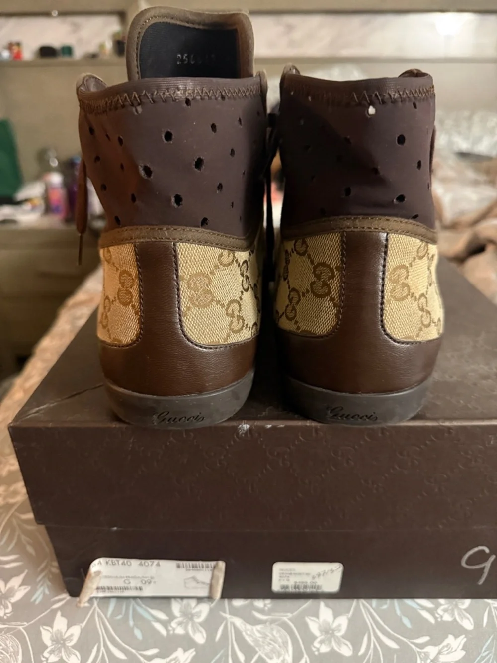 Gucci Brown GG Canvas High-Top Sneakers with Leather Trim - Picture 3 of 6